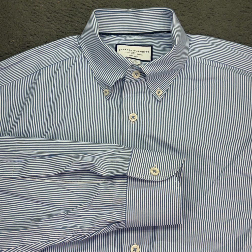 Charles Tyrwhitt Shirt Men 16/34 Blue White Stripe Classic Fit Non-Iron Cotton